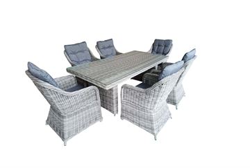 Havemøbelsæt model Sevilla. 6 stole + 200 cm bord i mixed gråt rundt polyrattan.